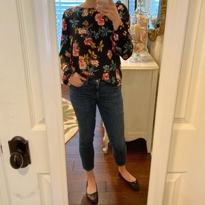 loft long sleeve black floral shirt open back size small